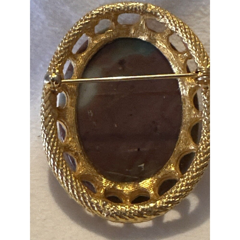 Vintage Jasper Stone Brooch Gold Tone Large Oval Cabochon Statement Pin - Picture 4 of 7